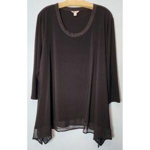 Cato Tunic Top Womens XL Black 3/4 Sleeve Sharkbite Hem Sheer Trim Polyester